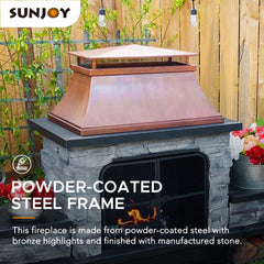 Sunjoy Outdoor Stone Fireplace with Mesh Screen Doors, Fireplace Tools.